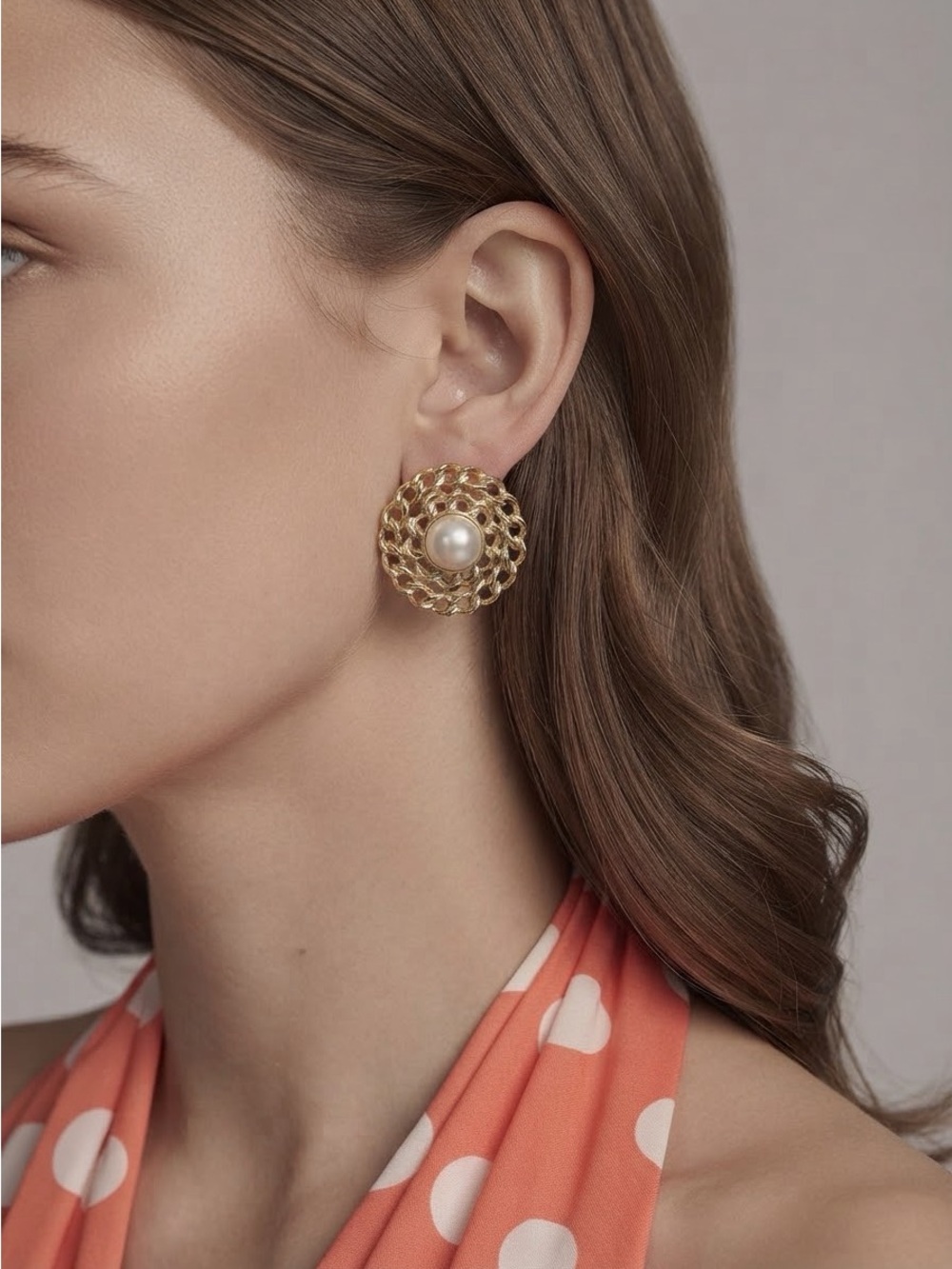 Vintage Faux Mabe Pearl Earrings | Gold Tone Braided Chain Statement Studs